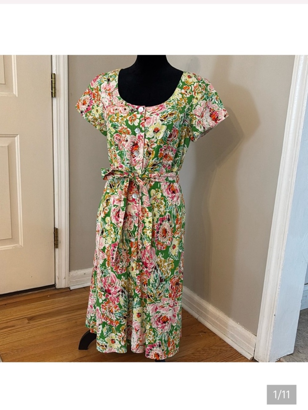 Coldwater Creek Linen Blend Floral Belted Midi Short sleeve Dress size P12
